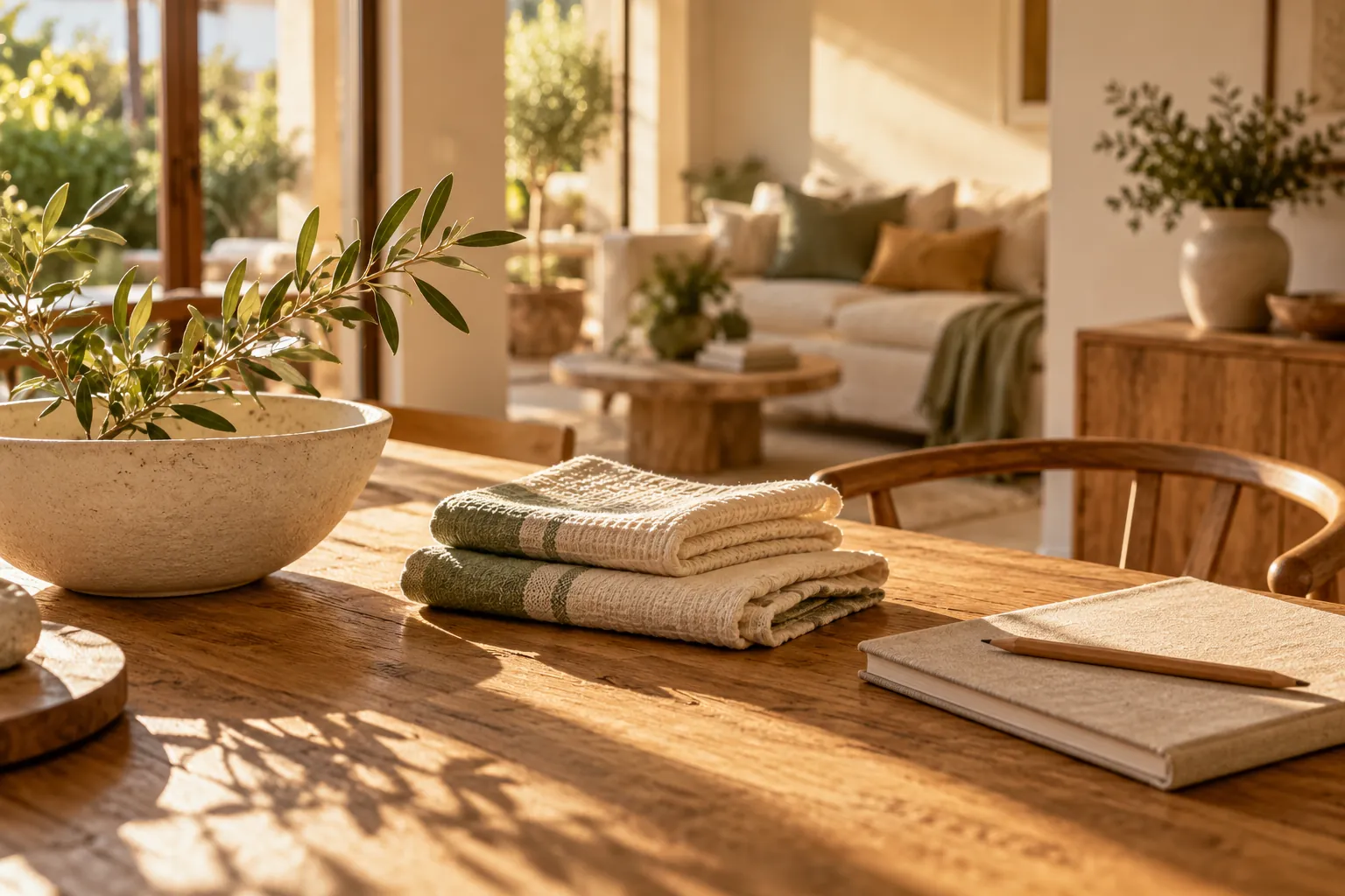 Folded cleaning cloths and a notebook on a sunlit wooden table in a warm, tidy home.