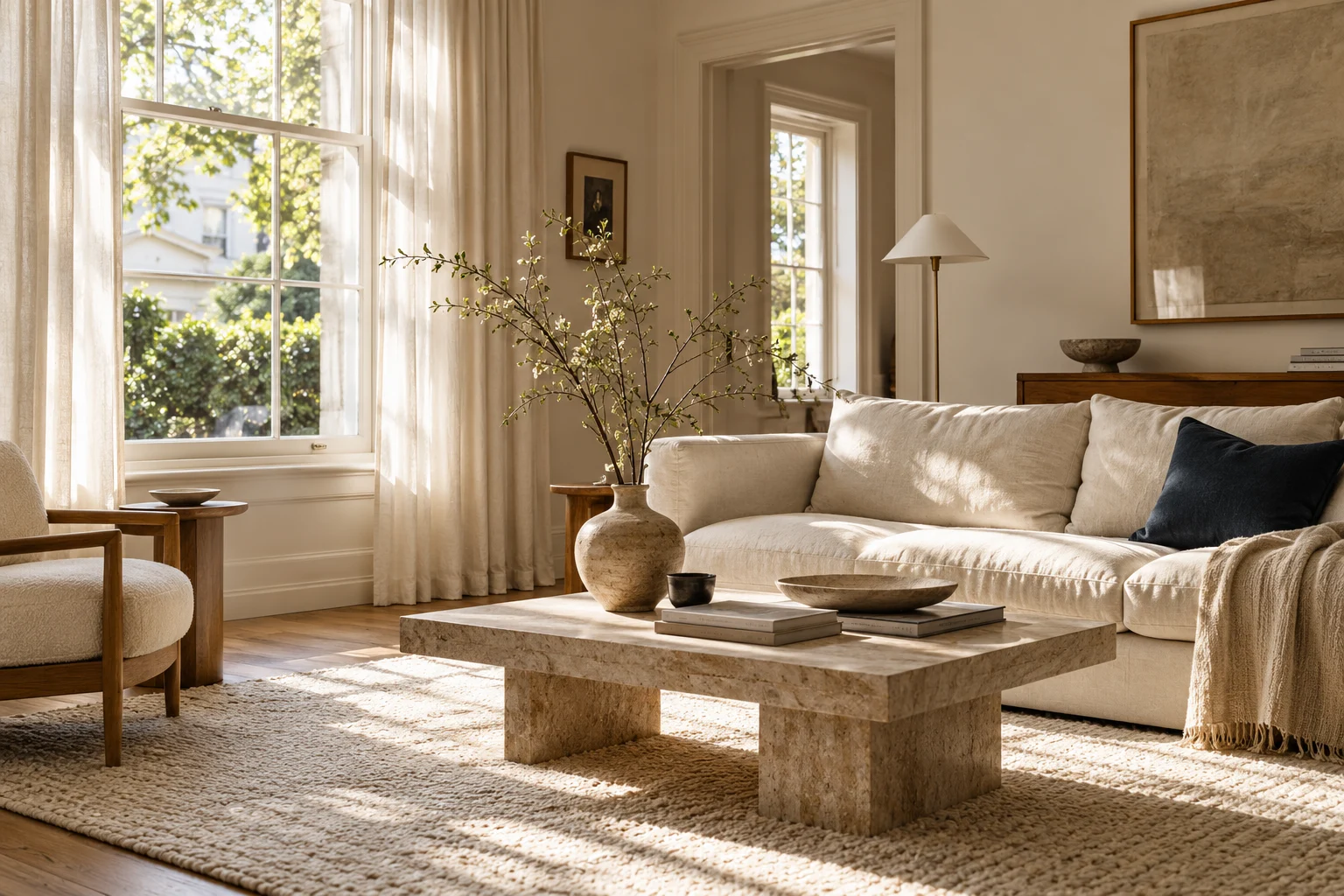 Sunlit living room with linen, warm oak and soft natural textures — illustrative interior